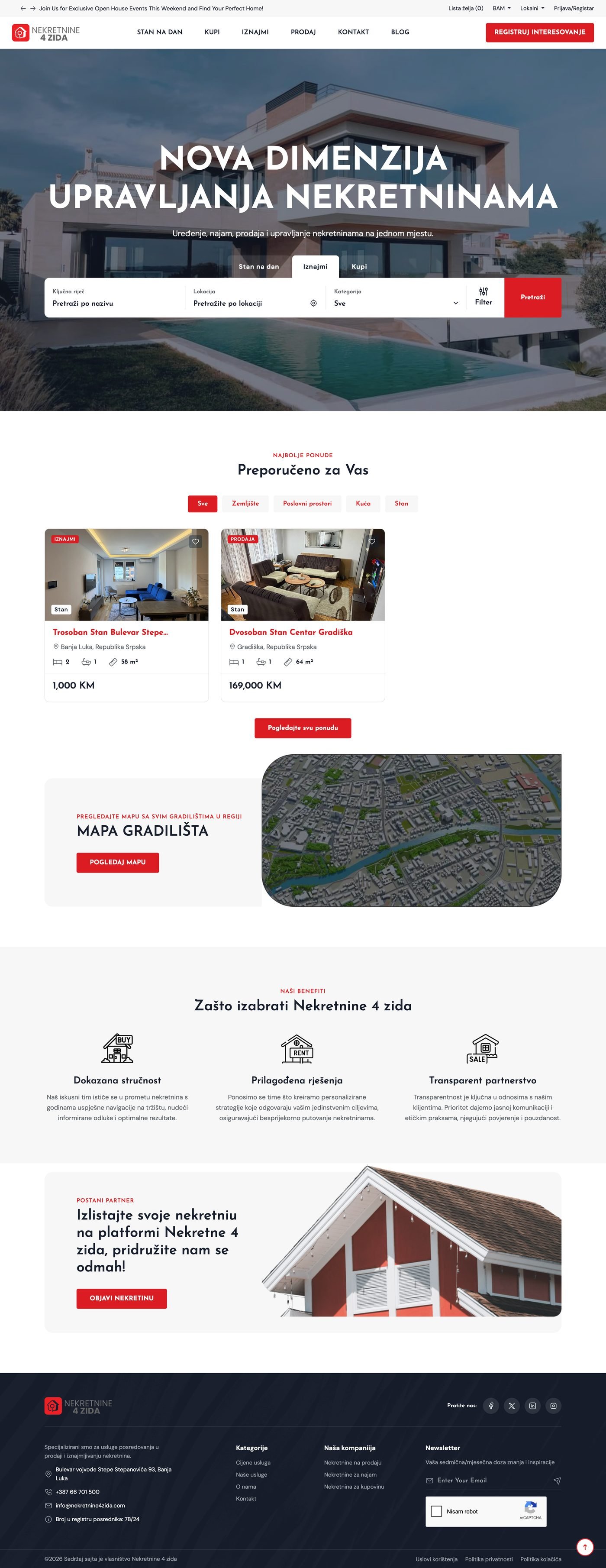 Snimak ekrana projekta Nekretnine 4 Zida — platforma za nekretnine