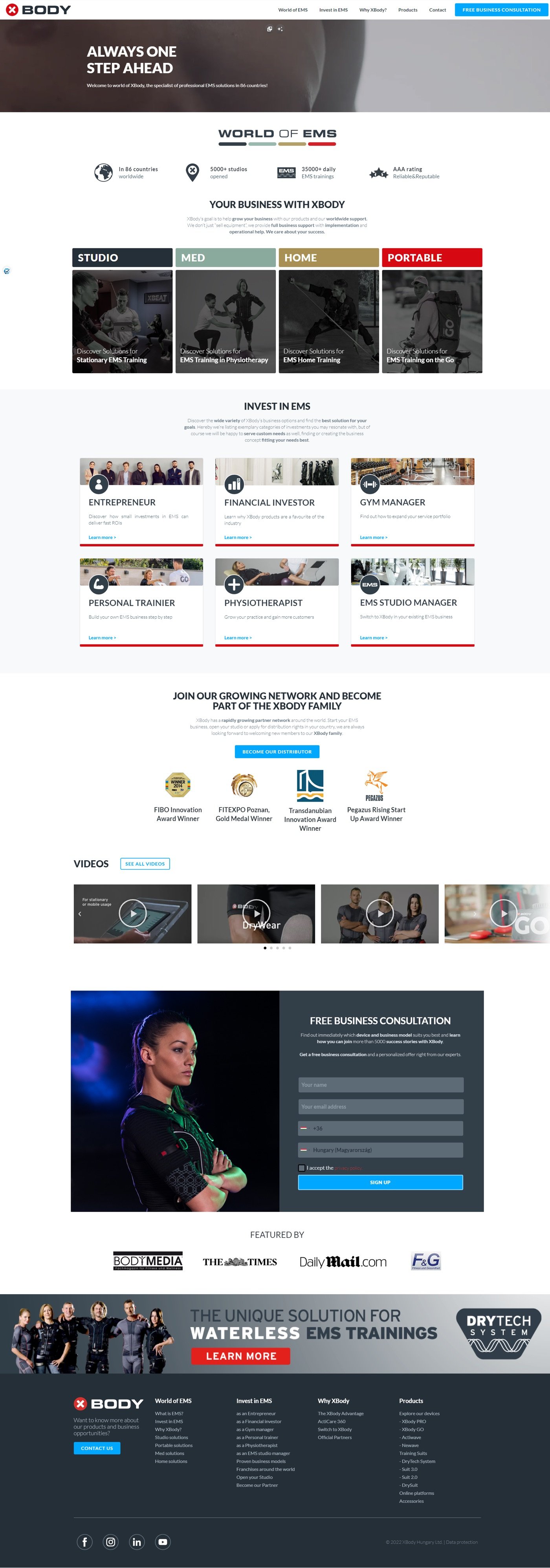 Snimak ekrana projekta XBody — globalni web nastup EMS fitness brenda